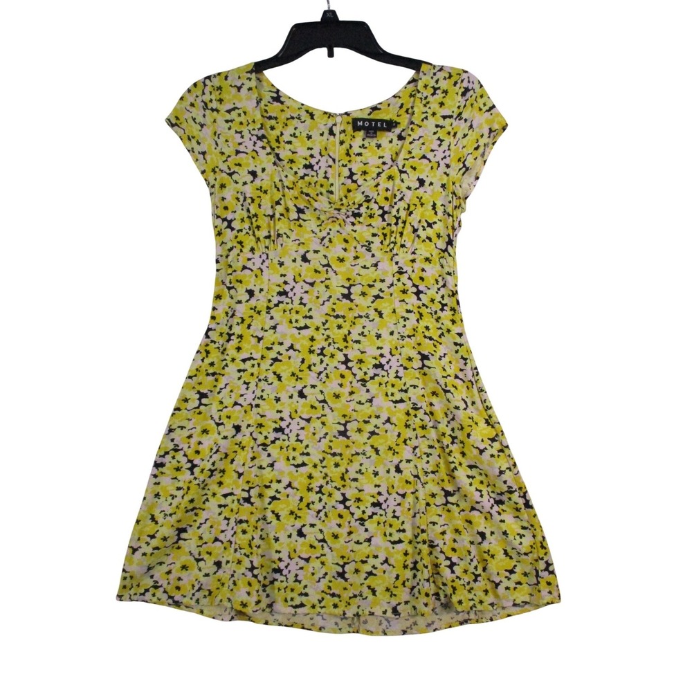 Motel Rocks Womens Yellow Floral Mini Dress Cap Sleeve Ruched Bust Size S